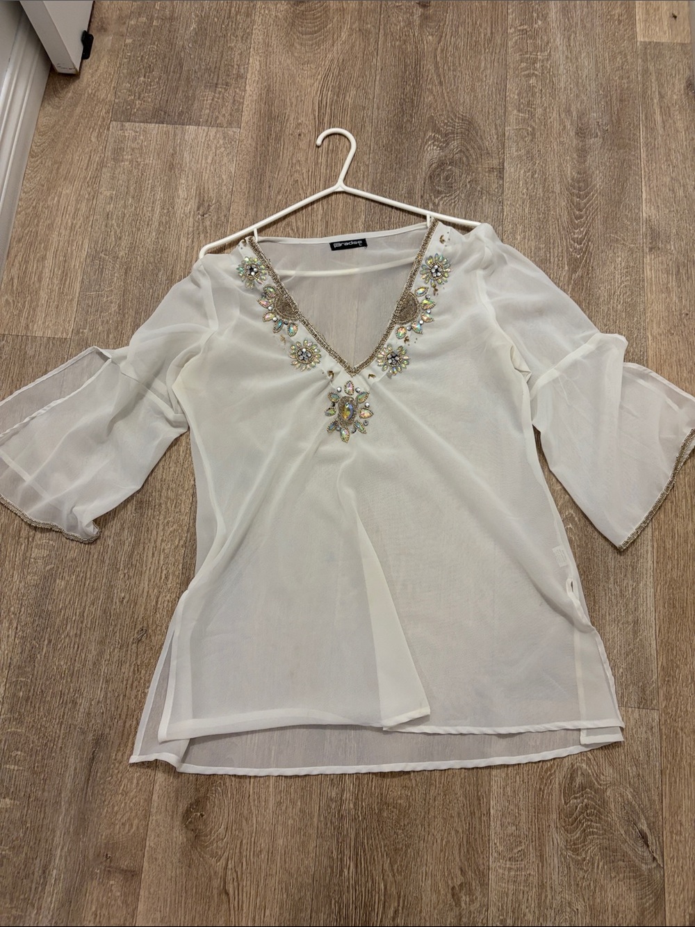Embellished V-Neck Sheer Women’s Top - White